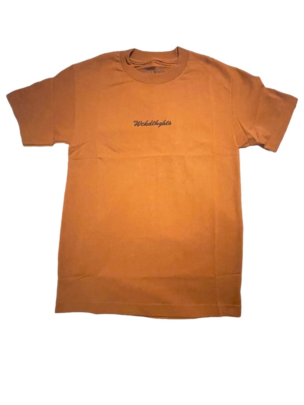 WICKED THOUGHTS “Wckdthghts” CREWNECK TEE- BURNT ORANGE (NEW WITH TAGS) A19